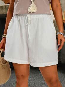 EMERY ROSE Plus Size Women Solid Color Waist Tie Pocket Loose White Shorts,Summer,Vacation,Holiday Boho - White - View 4