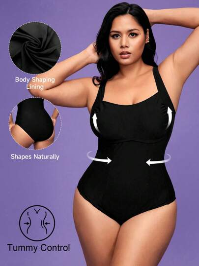 Shapewave 1pc Plus Size Women Solid Color Ruched One-Piece Swimsuit For Summer Beach Vacation