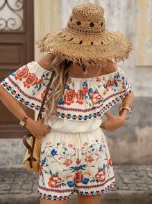 Brillora Ladies' Summer Vacation Style Floral Print Ruffled Off Shoulder Top And Shorts Casual 2Pcs Outfit Short Sets