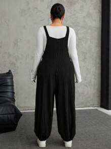 SHEIN EZwear 大码灰色弹力羊毛罗纹针织背带裤，秋冬款 - 黑色 - 查看 2