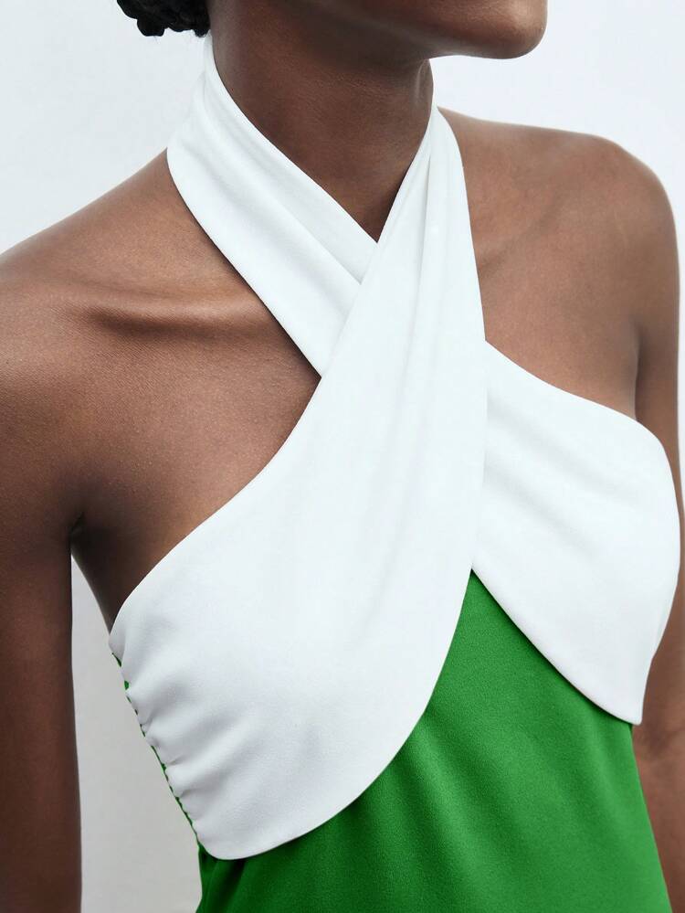 SHEIN Maija Women's Green & White Patchwork Twist Design Slim Fit Elegant Dress, Suitable For Party, Valentine's Day, Holiday Outfit, Formal Wedding Guest Dress, Brunch, Birthday