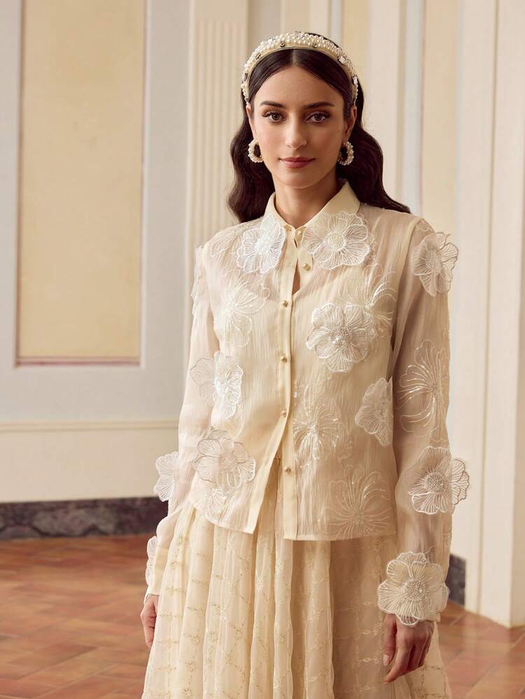ZEYLAH Organza High-End Solid Floral 3D Embroidery Sequin Decorated Blouse