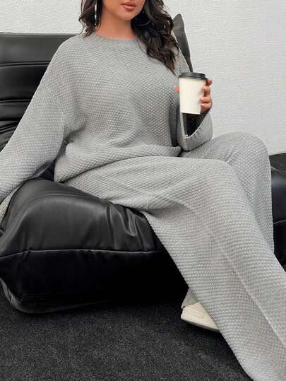 EURMUSE Plus Casual Solid Plus Size Batwing Sweater & Wide Leg Pants Set Comfortable Two Piece Set Sweater Sets For Women