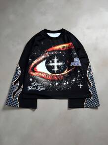 Manfinity EMRG Manfinity Streetrush Manfinity Streetrush Men Vintage Distressed Eye Graphic Oversized Bell Sleeve Sweatshirt, Black, Fall