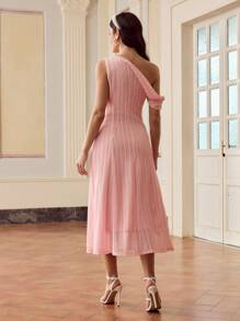 ZEYLAH 纯色网眼针织翻领不对称肩部喇叭下摆长连衣裙 - 粉色 - 查看 3