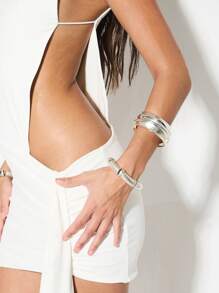 KIZN 不对称迷你连衣裙，侧边镂空拼接，长拖尾，适合婚礼、招待会、派对等场合，修身无袖晚礼服设计 - 白色 - 查看 6