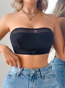 SHEIN Seamless Bandeau Bra With Mesh Panels And Front Closure - Black - View 3