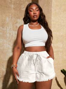SHEIN SXY Plus Size Women Spring & Summer New Vintage Washed Retro Elastic Waist Hem Fringed Shorts, Suitable For Everyday Wear, Music Festival, Concert, Carnival Party, Beach Vacation, Date Night, Birthday, Bachelorette Party, Club, Cute, Casual, Shopping, Streetwear, Going Out,Holiday Outfits For Women