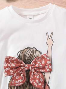 SHEIN 2件套少女套装：针织纯色圆领T恤+梭织碎花裙