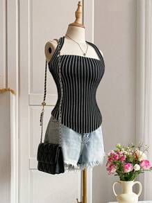 Cévolie Women's Summer Sleeveless Halter Striped Tank Top - Black and White - View 3