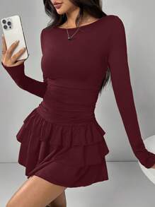 SHEIN EZwear 女士优雅酒红色荷叶边下摆长袖连衣裙