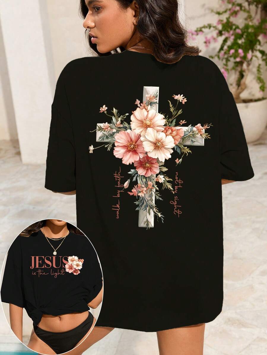 INAWLY 励志“耶稣是光”花卉基督教 T 恤，宽松圆领女式图案 T 恤，带有座右铭“他的恩典足够了” - 黑色 - 查看 1
