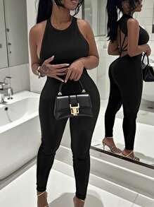 INAWLY Women Solid Color Backless Jumpsuit Jumpsuit - Black - View 1