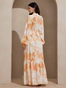 Graceveil Vestido midi de manga larga con cuello alto, cinturón y estampado digital para mujer