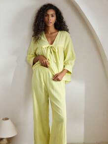 Ocili 休闲纯棉柔软舒适绉布中袖前系带上衣和裤子，女士睡衣套装，家居服假日季节服装，秋季服装 - 黃色 - 查看 5