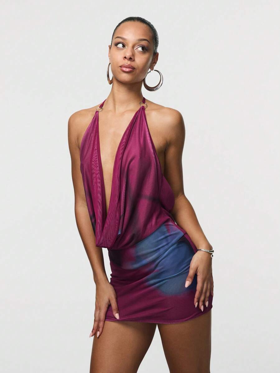 SHEIN Unity Vestido patinador mini con cuello drapeado, empalme de estampado floral sólido y abstracto - Multicolor - Ver 1