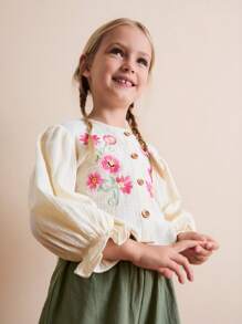 THE HAPPY LOOK Young Girls Embroidered Wooden Button Long Sleeve Shirt And Contrast Color Pants Two Pieces Outfits, Autumn