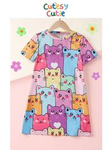 SHEIN Tween Girl Oversized Cat Print Knitting Round Neck Casual Dress