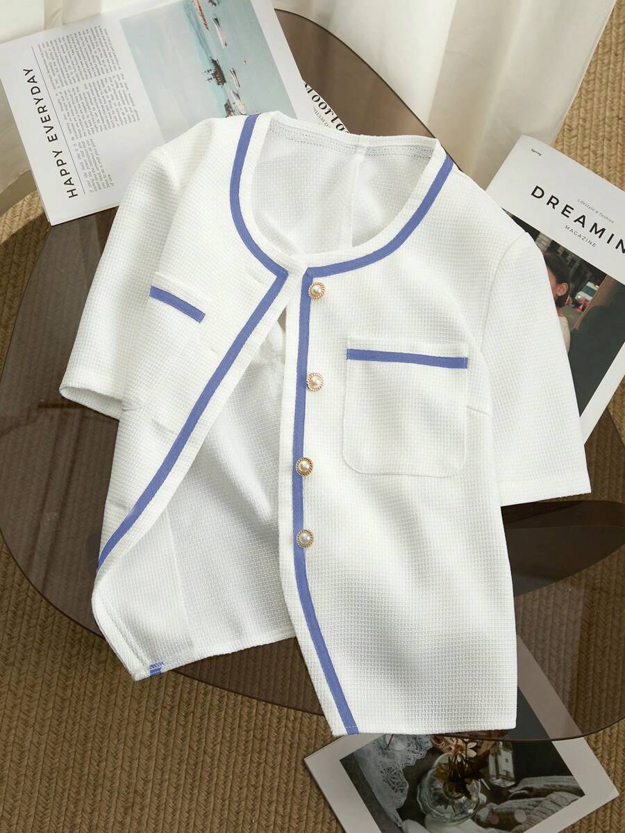 SHEIN Clasi Áo khoác mỏng cổ tròn tay ngắn đơn hàng khuy cho nữ - Xanh và trắng - Xem 1