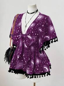 Sunspun Plus Size Women Sun V-Neck Tie Tassel Vacation Casual Shirt Boho - Purple - View 4