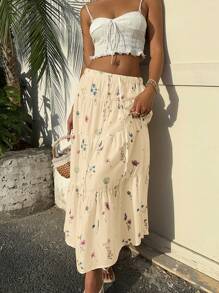 SHEIN EZwear Women's Yellow Floral Print Ruffle Trim Drawstring Waist Casual Holiday Skirt