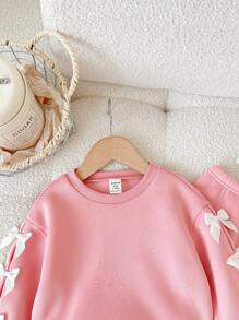 SHEIN LMoss Kids Babygirl Bowknot Decor Pink Long Sleeve Sweatshirt & Elastic Waist Pants 2 Pieces Set, Autumn/Winter Baby Girl Sweat Set Baby Girl Long Sleeve Set Pink Baby Girl Outfit Baby Girl Casual Set Baby Girl Clothes Fall