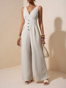 Zivah 海滩新款春夏度假背心式V领前中分纽扣装饰开襟阔腿宽松加长纹理面料女连体裤 - 杏色 - 查看 5