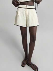 Ontre 女士浅杏色亚麻夏季度假休闲撞色装饰背心和短裤两件套 - 黑與白 - 查看 6