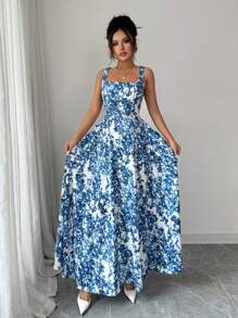 SHEIN Clasi Women's Floral Print Maxi Tank Dress For Summer - Blue and White - View 4