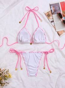 Swim Mod 女士海滩度假夏季新款性感露背系带花卉印花泳装套装带金属吊坠，海滩度假比基尼套装