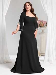 Coutiva Plus Size Beaded Formal Evening Gown With Square Neck Collar - Black - View 4