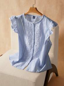 Elaquor Áo sơ mi tay lỡ in họa tiết sọc lãng mạn thời trang cỡ lớn cho nữ - Màu xanh lam - Xem 3