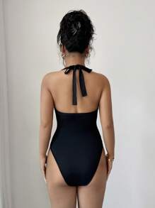 Gloray 性感度假黑色露背系带荷叶边修身女式连体泳衣