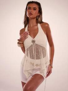 SHEIN BAE Women's Summer Beach Vacation Wear Hanging Neck Tie Front Neck Metallic Embellished Top Textured Crochet Fabric Women's Tops, Women's Beach Vacation Wear, Summer Tops, Versatile Pieces - Apricot - View 7