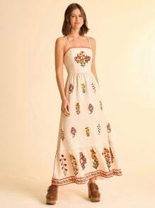 CAJUNI Women's Holiday Boho Colorful Tropical Floral Print With Spaghetti Straps Back Elastic Waist A-Line Summer Beige Holiday Long Dress