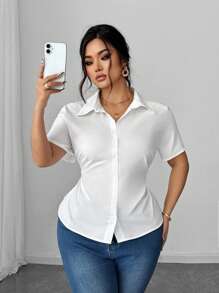 Elenzga Áo cánh đi làm thanh lịch có thắt lưng nhún bèo màu trắng cỡ lớn - trắng - Xem 5