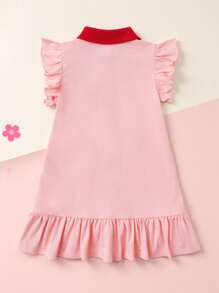 SHEIN Young Girl Strawberry Patched Ruffle Trim Dress - Coral Pink - View 2