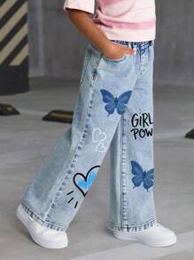 SHEIN Girls' Versatile Fashion Mottled Casual Blue Straight Leg Jeans Fall Winter - Blue - View 5