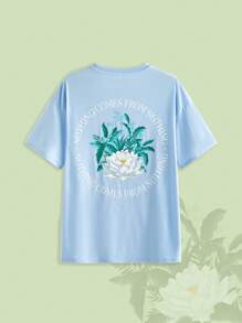 ROMWE The White Lotus 休闲度假海滩蓝莲花花卉印花女式 T 恤 - 淺藍色 - 查看 7