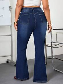 SHEIN ICON Quần ống loe thêu denim màu trơn thời trang thường ngày - Rửa tối - Xem 2