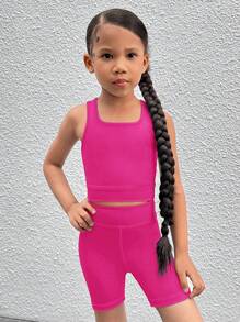 SHEIN Bộ 2 áo ba lỗ dệt kim màu trơn và quần short trang phục thể thao cho bé gái - Màu Hồng Tươi - Xem 4