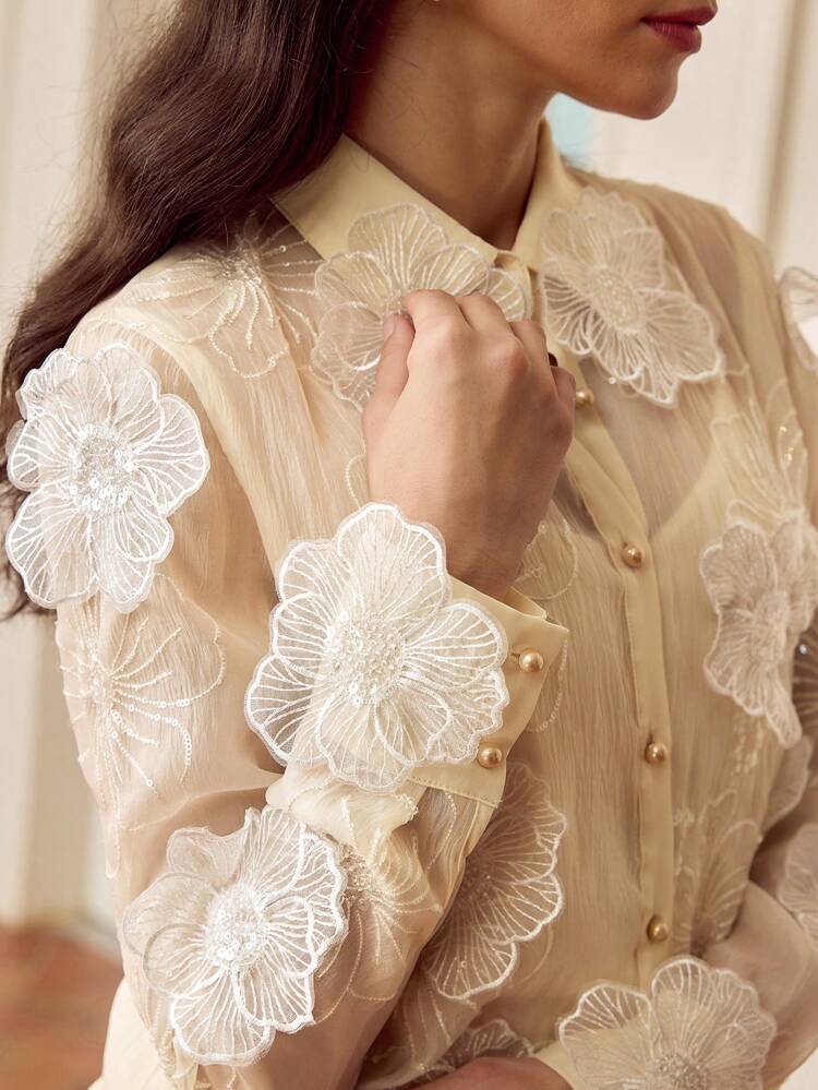 ZEYLAH Organza High-End Solid Floral 3D Embroidery Sequin Decorated Blouse