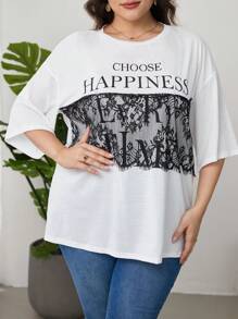 Lacomfia Biały kontrastowy panel, damska koszulka z krótkim rękawem w dużym rozmiarze - Biały - Zobacz 4