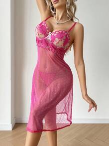 Spicy Aura Floral Hot Pink Mesh Lingerie Dress With Spaghetti Straps And Sheer Swiss Dot Design - Hot Pink - View 1
