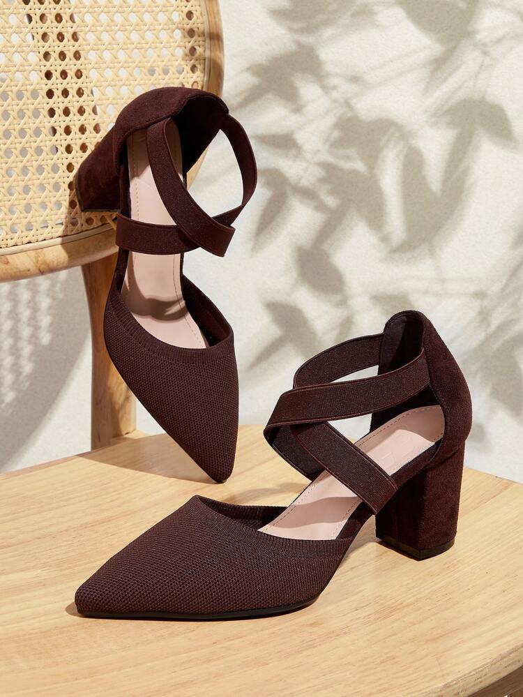 CUCCOO BASICS Fashion Elastic Band Ankle Strap Pointed Toe Chunky High Heel Pumps, Suitable For Commuting, Dating, Party, Wedding, Holiday For Christmas Spring Shoes