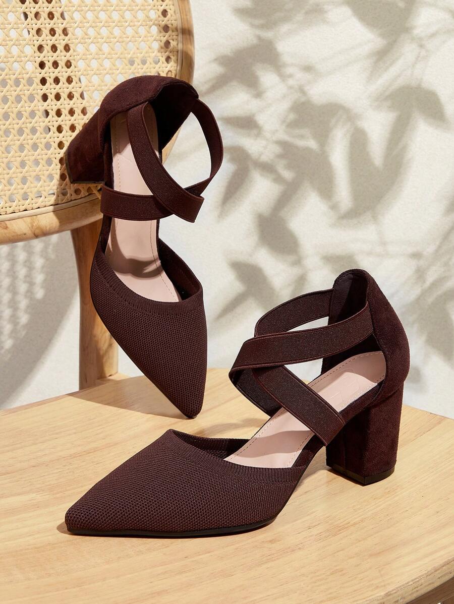 CUCCOO BASICS Fashion Elastic Band Ankle Strap Pointed Toe Chunky High Heel Pumps, Suitable For Commuting, Dating, Party, Wedding, Holiday For Christmas Spring Shoes - Brown - View 1
