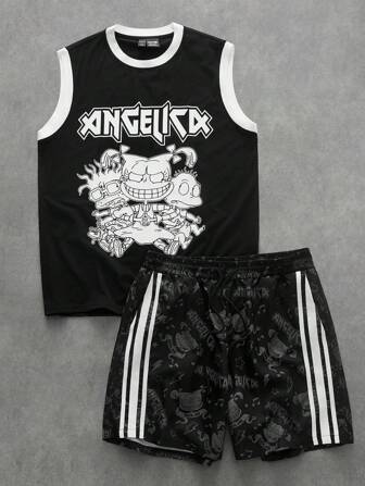 Nick 90's X ROMWE Set di canotta a motivo cartoni animati e pantaloncini con bande laterali per uomo
