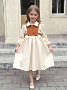 SHEIN Leap Crew Mädchenkleid im Sommer-Patchwork-Stil mit Prinzessin-Ärmeln, Kurzarm, Hemdkragen, geeignet für Outdoor-Treffen, Urlaub und andere Anlässe - Weiss - Übersicht 9