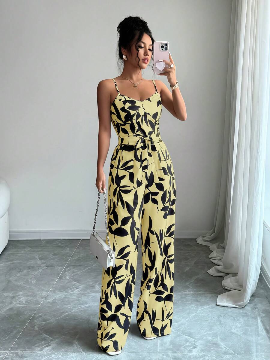 SHEIN Tall 女式休闲花卉印花宽松系带露背连体裤