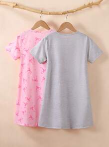 4pcs/Pack Tween Girls Minimalist Butterfly Print Round Neck Short Sleeve Long Nightgown Loungewear, Black And Pink Clothes For Girls 10,Children's Girls' Pajamas,Back To School - Multicolor - View 6